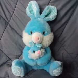 Vintage Blue Fluffy Hugging Bunnies Plush Fuzzy Kids Bunny 14" Stuffed Animals